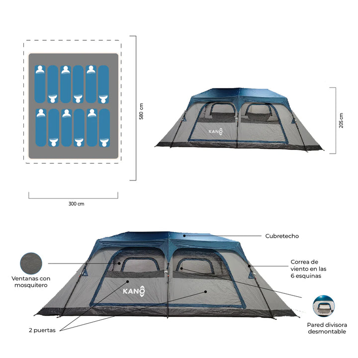 Combo Carpa Automática Lauca para 12 Personas + Colchón Eléctrico Queen + Colchón Eléctrico Individual