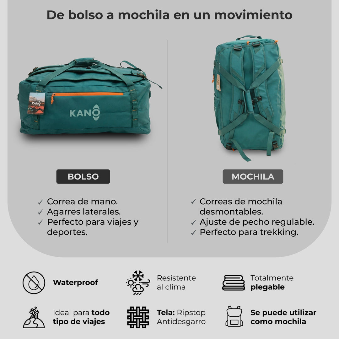 Bolso Convertible en Mochila 80L Roy Verde/Naranja