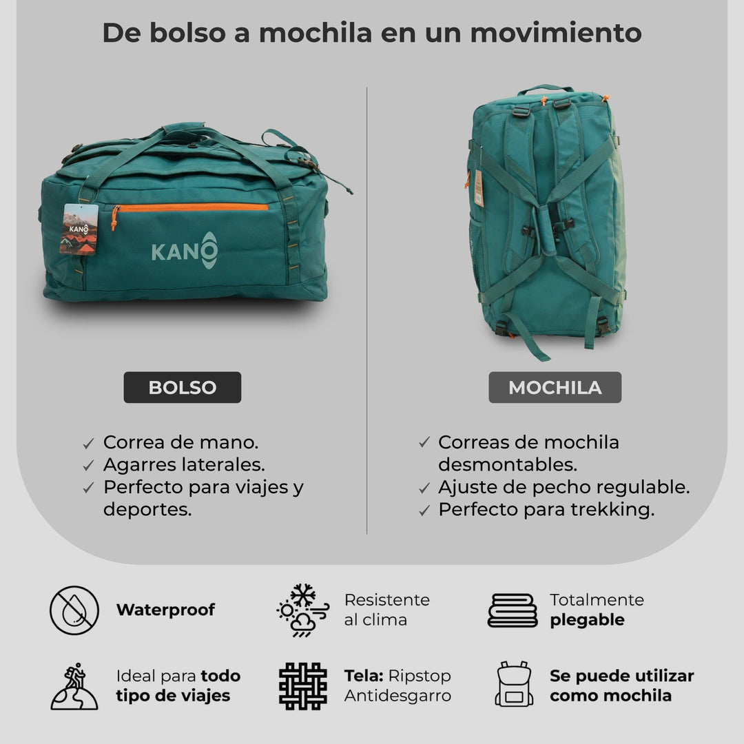 Bolso Convertible en Mochila 40L Darwin Verde/Naranja