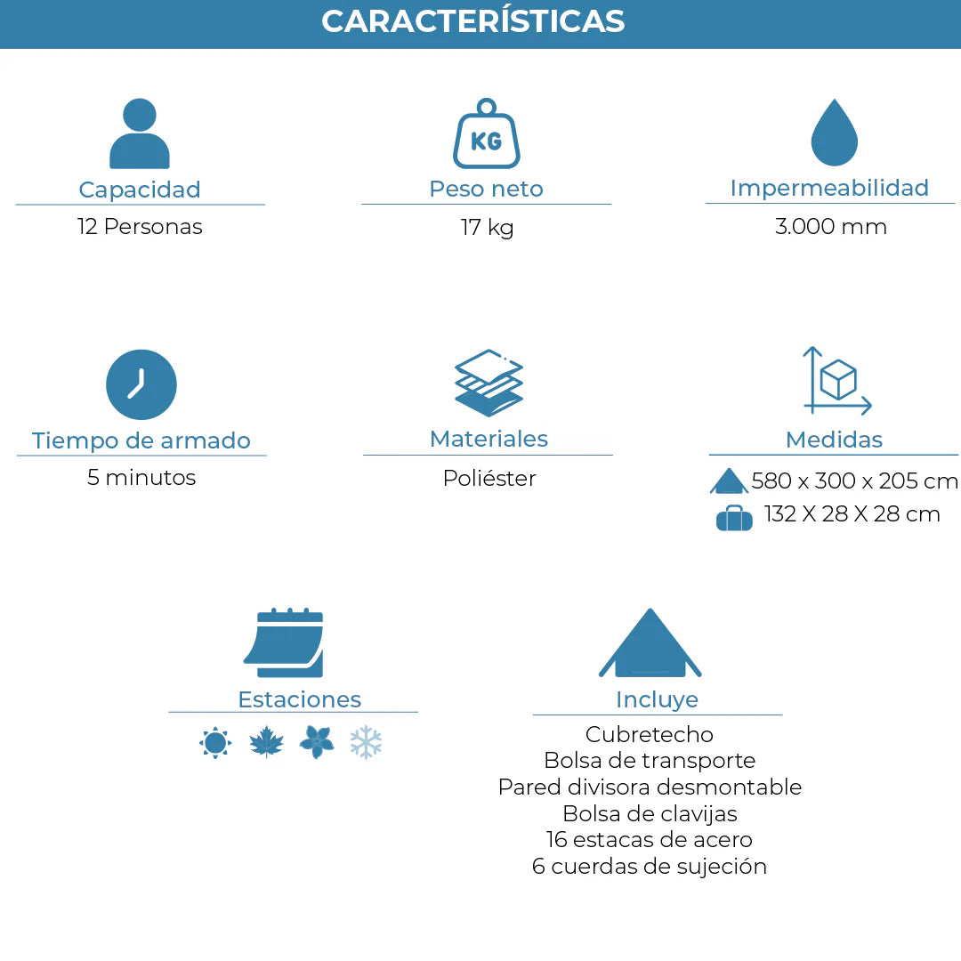 Combo Carpa Automática Lauca para 12 Personas + Colchón Eléctrico Queen + Colchón Eléctrico Individual