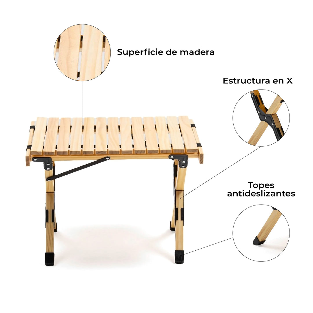 Mesa Plegable de Madera Clara Para Camping Natural